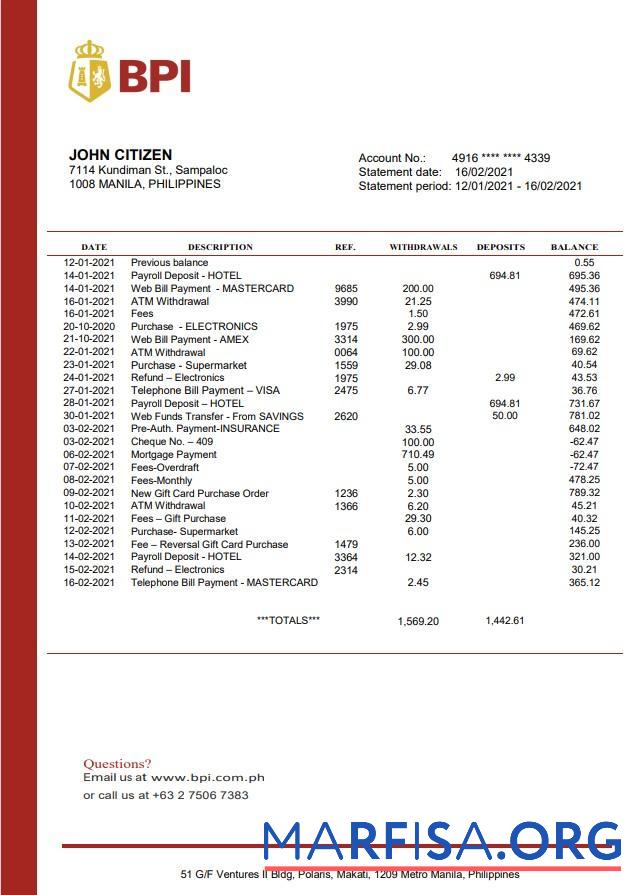 Blank Philippines Bank of the Philippine Islands proof of address bank statement word real example
